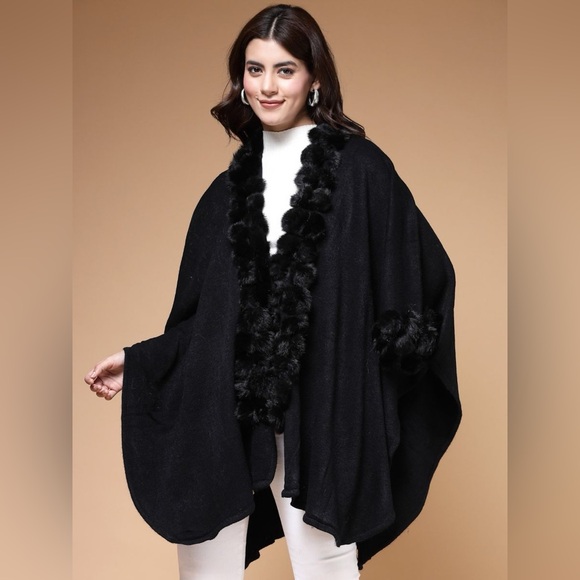 Black Faux-Fur Pom Pom Winter Shawl Shrug– One Size - Picture 4 of 9
